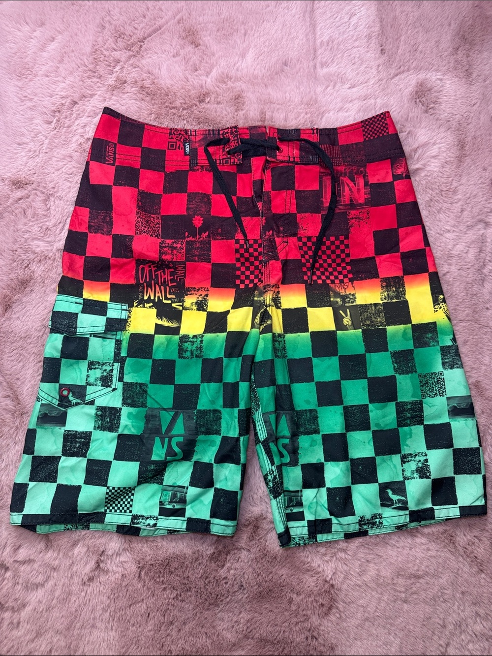 Vans Men’s Red, Yellow & Green Checkerboard Board Shorts